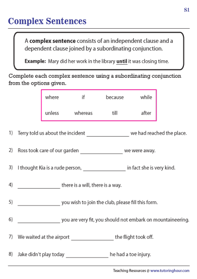 Third grade grammar worksheet showing exercises for combining independent and dependent clauses to form complex sentences with statistical examples