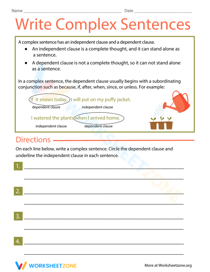 Write Complex Sentences Practice Activity for Elementary Learners Third grade students practicing complex sentence writing with subordinating conjunctions on a grammar worksheet