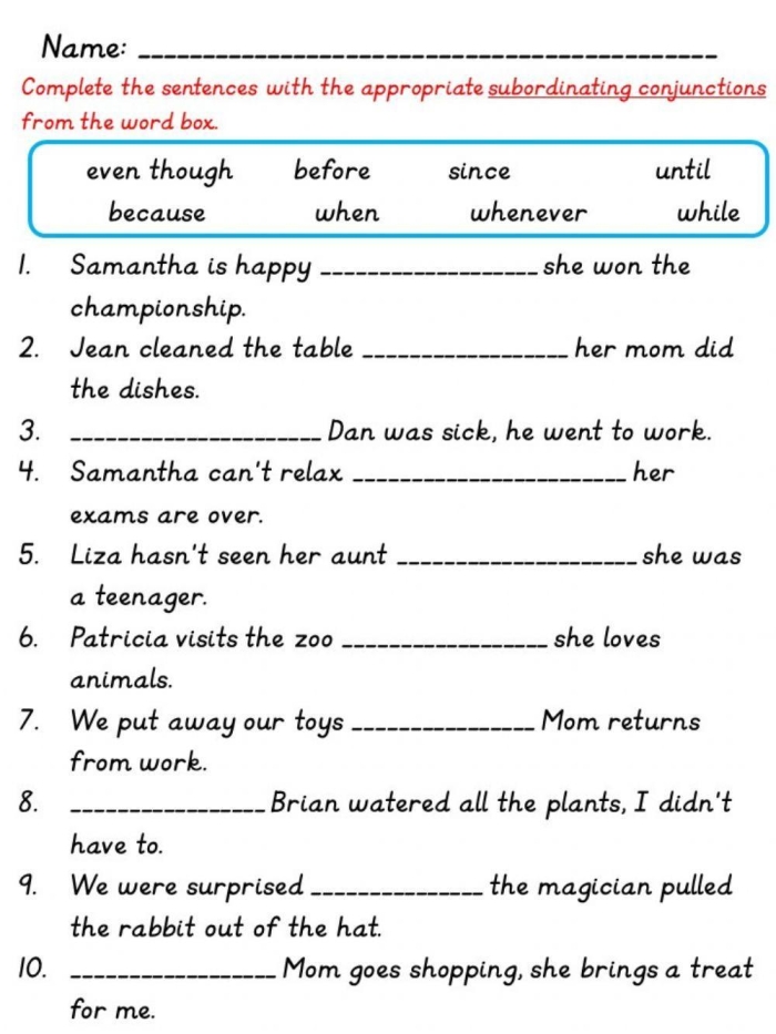 Third grade worksheet for practicing complex sentences with dependent and independent clauses