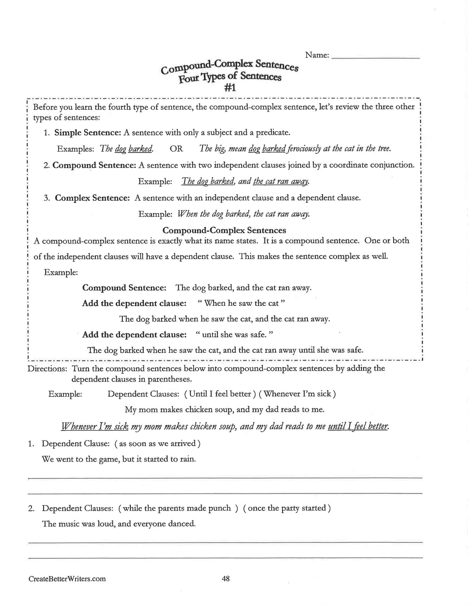 Third grade student completing a complex sentences grammar worksheet with examples of independent and dependent clauses