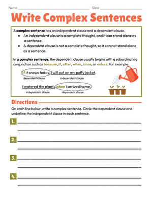 Complex Sentences Worksheet 4 Writing Practice for Students Third grade student working on a complex sentences grammar worksheet