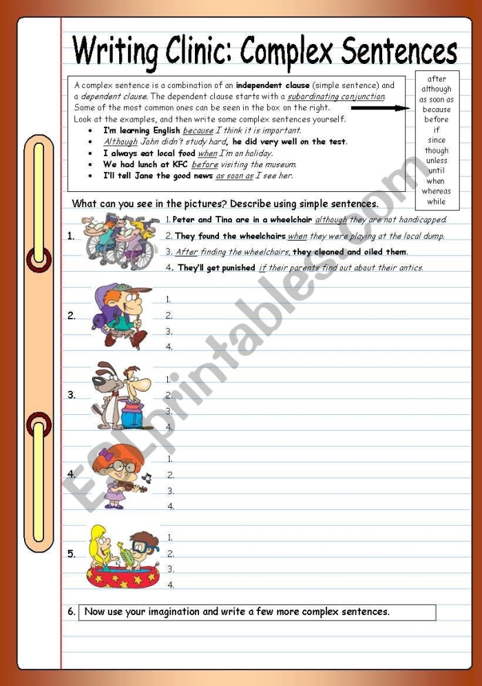 Write Complex Sentences Practice Activity for Elementary Students Third grade grammar worksheet showing practice exercises for writing complex sentences with dependent and independent clauses