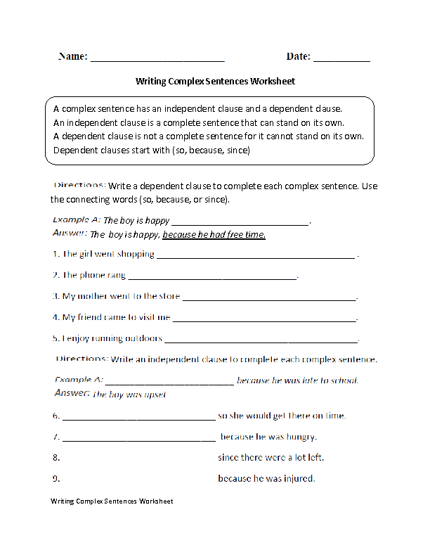 Complex Sentences Practice Activity for Elementary Writers Third grade student practicing complex sentence writing with subordinating conjunctions on grammar worksheet