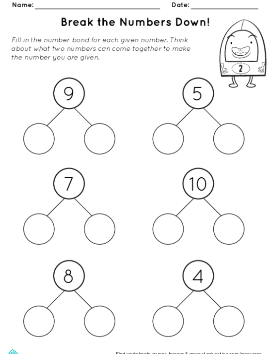 Engaging worksheet for practicing number bonds and sentences up to 20 First grade students working on a Compose and Decompose Within 20 worksheet with colorful visuals