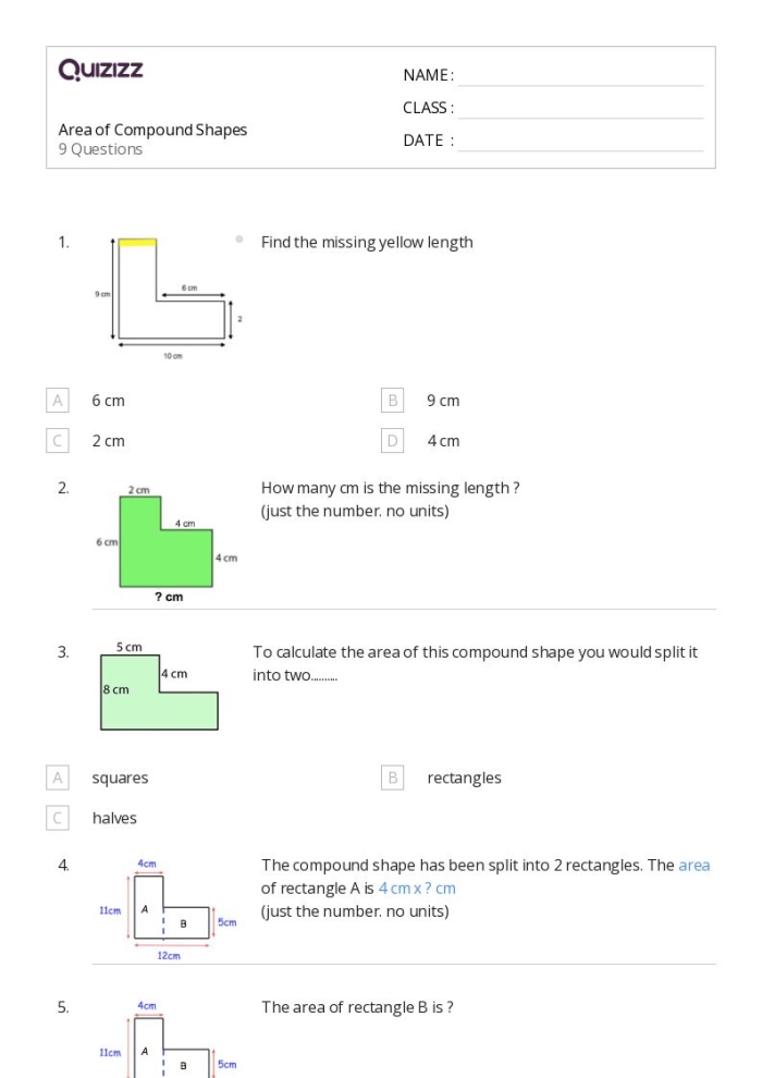 Fourth grade math worksheet for calculating the area of complex compound shapes