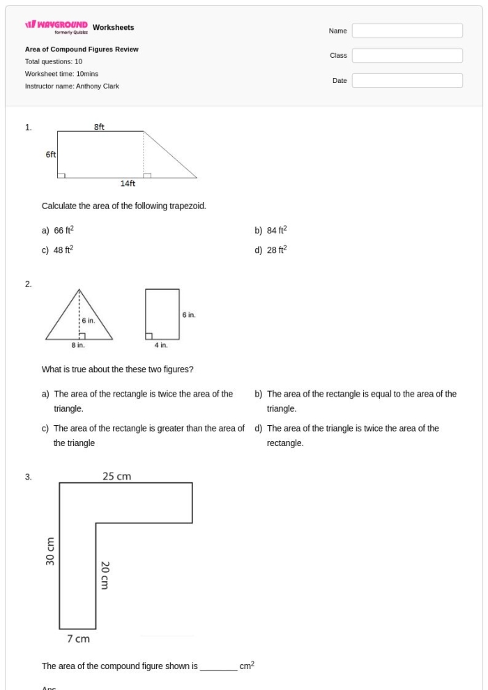 Worksheet for sixth graders on calculating the area of compound figures