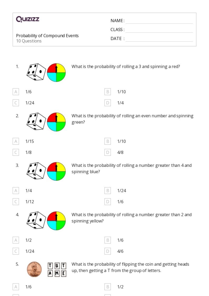 Seventh grade math worksheet showing sample space problems for compound events with multiple outcomes