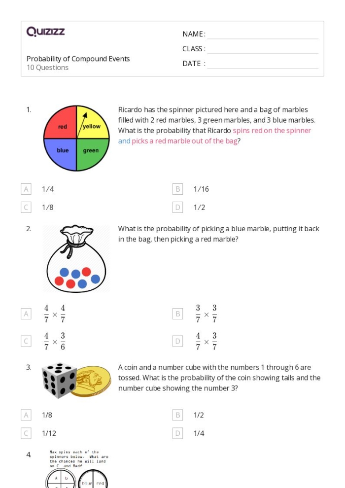 Probabilities of Compound Events Worksheet Page 2 Exercises Seventh grade math worksheet featuring probability problems for compound events with tree diagrams and tables