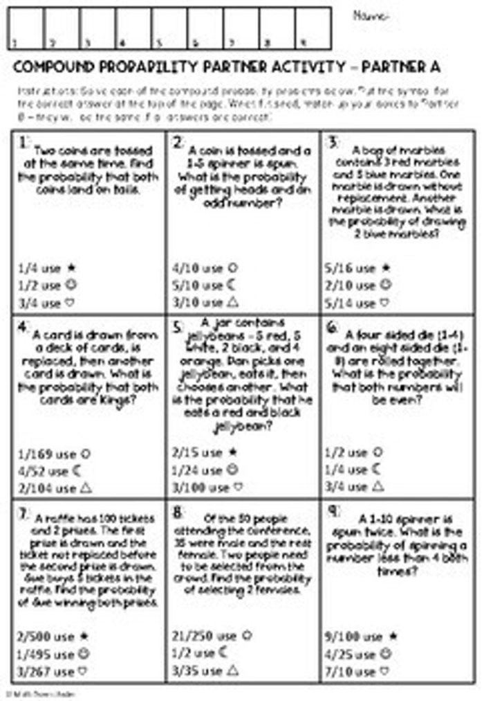 Probabilities of Compound Events Worksheet 15 for Grade 7 Ratios and Proportions Seventh grade math worksheet featuring probability problems for compound events using tree diagrams and tables