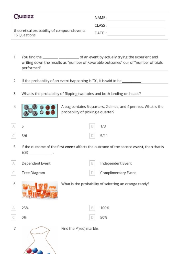 Probabilities of Compound Events Worksheet 13 for Grade 7 Ratios and Proportions Seventh grade math worksheet featuring probability problems for compound events with tables and tree diagrams