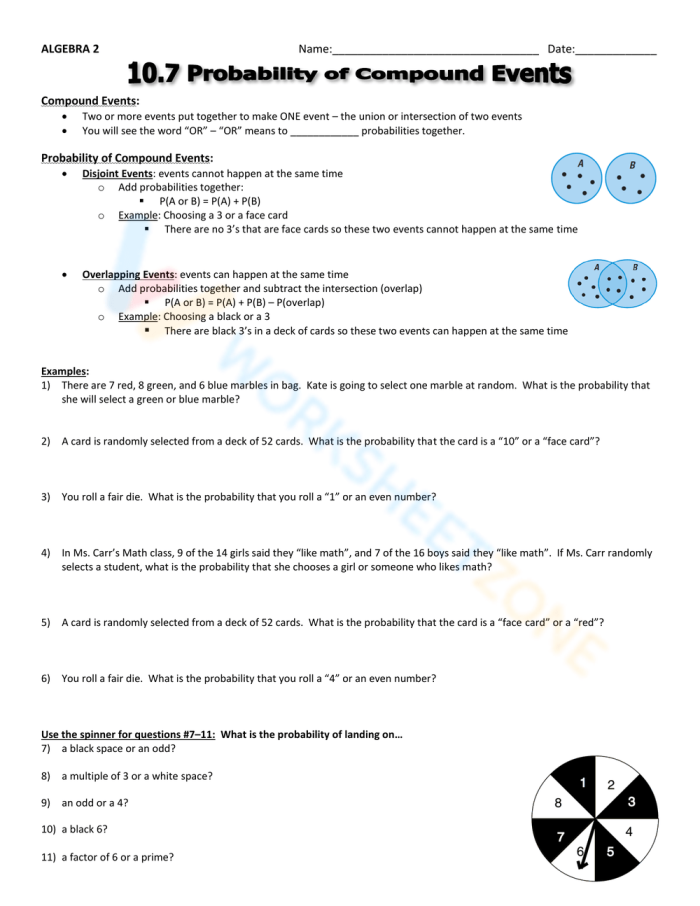 Seventh grade math worksheet displaying sample space diagrams for calculating compound event probabilities