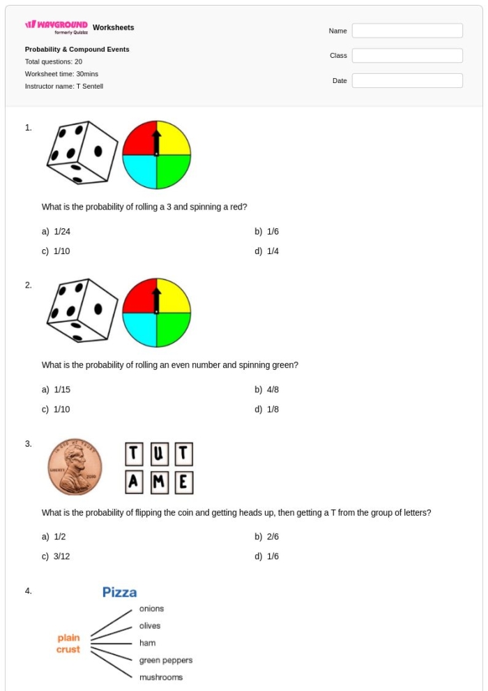 Seventh grade math worksheet displaying a sample space grid for compound events