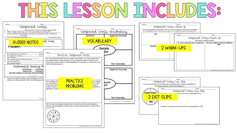 Seventh grade math worksheet displaying sample space diagrams for calculating compound event probabilities