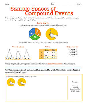 A seventh-grade student working through sample space problems for compound events on a math worksheet with dice and coin illustrations