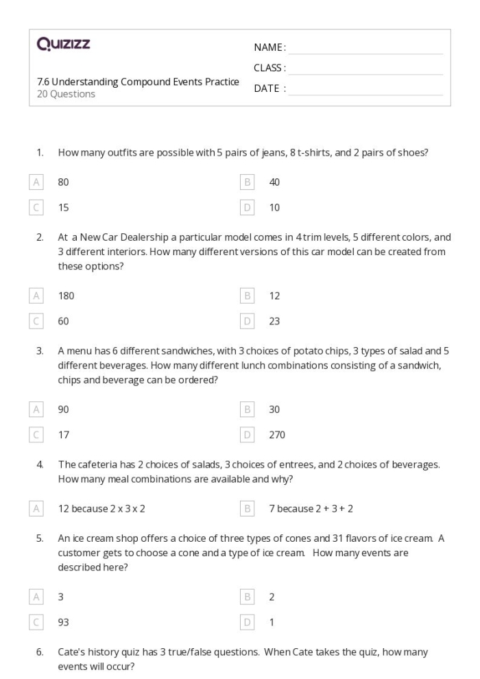 Seventh grade math worksheet showing sample spaces of compound events with probability tree diagrams and outcome lists