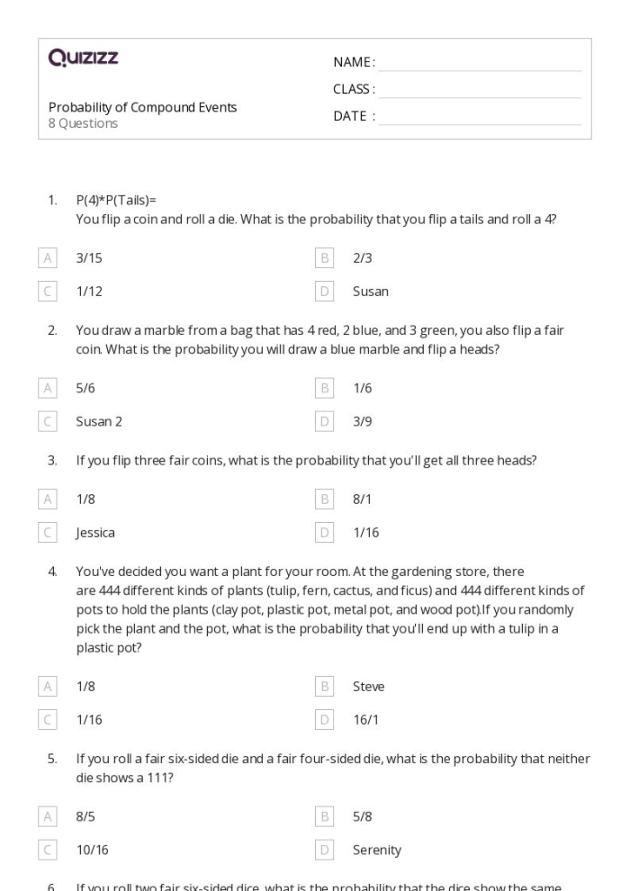 Probabilities of Compound Events Worksheet Page 20 Seventh grade student practicing probability of compound events using tree diagrams on a worksheet