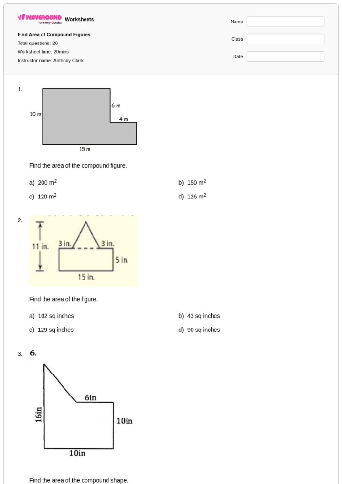 Worksheet featuring the area calculations of compound figures for sixth graders