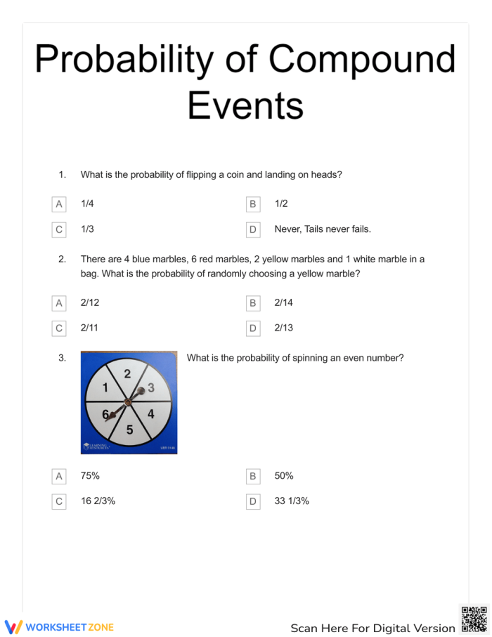 Probabilities of Compound Events Worksheet Page 10 Seventh grade math worksheet featuring a variety of real-world compound probability problems for students to solve