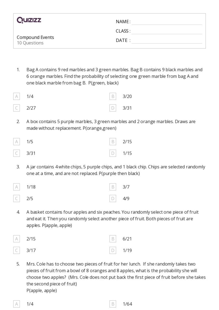 Seventh grade math worksheet showing sample space diagrams for compound probability events with tree diagrams and organized lists