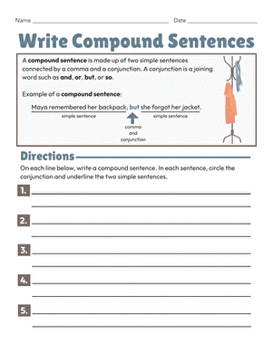 Creating Compound Sentences Worksheet 12 Third grade student practicing how to combine simple sentences with conjunctions on a grammar worksheet