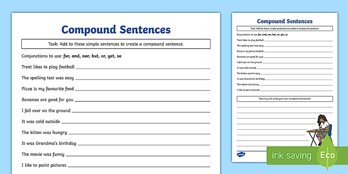 Creating Compound Sentences Exercise 18 for Elementary Grammar Instruction Two simple sentences being combined with a comma and coordinating conjunction to form a compound sentence for third grade grammar practice