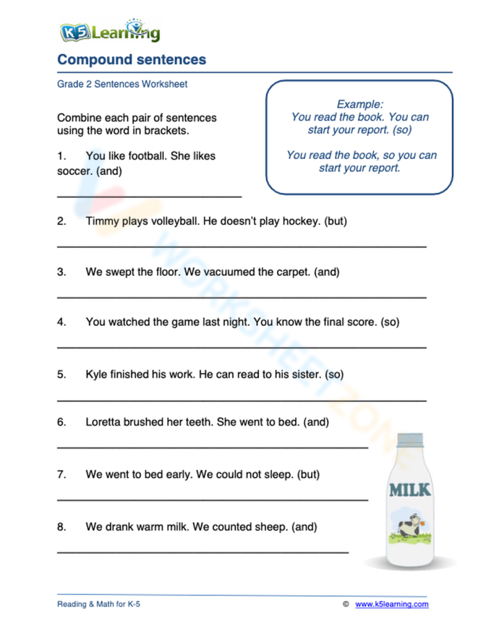 Worksheet image for practicing compound sentences in writing activities Compound Sentence Practice worksheet for third graders focusing on grammar skills