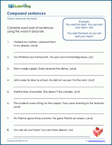 Creating Compound Sentences Worksheet 22 Grammar Exercise Third grade student worksheet for combining simple sentences into compound sentences using commas and conjunctions