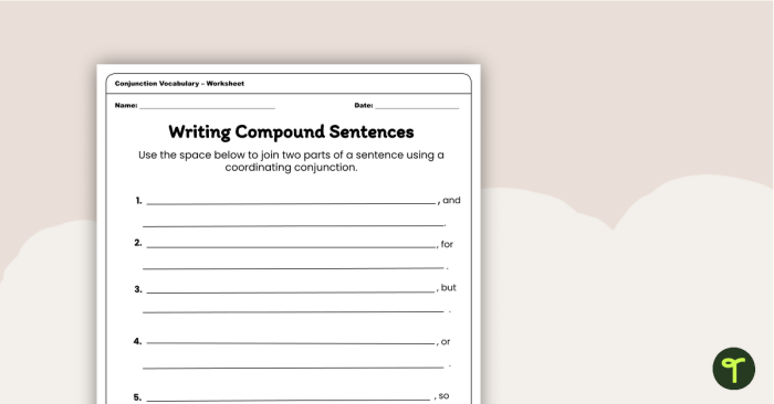 Creating Compound Sentences Exercise 16 for Elementary Grammar Practice A third grade student worksheet showing how to combine two simple sentences into one compound sentence using a comma and coordinating conjunction