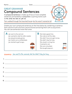 Third grade students practice building compound sentences with this engaging carnival-themed worksheet