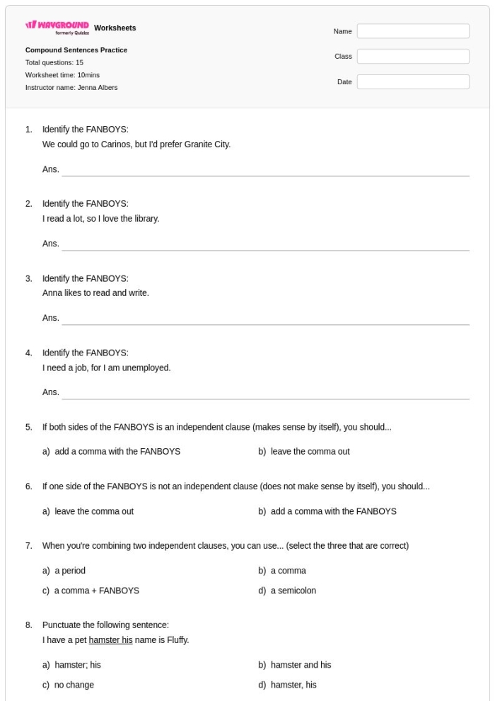 Fun small-group exercise for practicing compound sentence construction Compound Your Sentences worksheet for third graders engaging in group activities