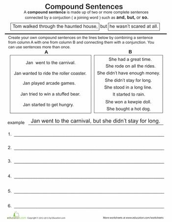 A third grade grammar worksheet featuring a colorful carnival theme for practicing compound sentences