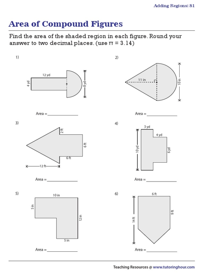 Worksheet for finding the area of compound shapes for fourth graders