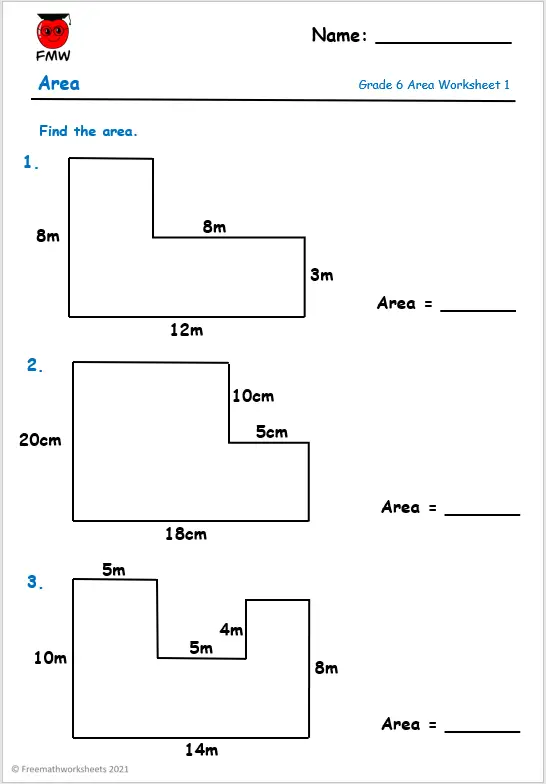 Fourth grade math worksheet for calculating the area of complex compound shapes