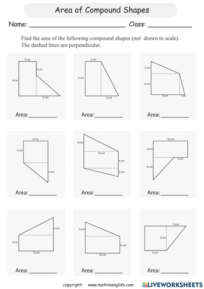 Fourth grade math worksheet for calculating the area of various compound shapes