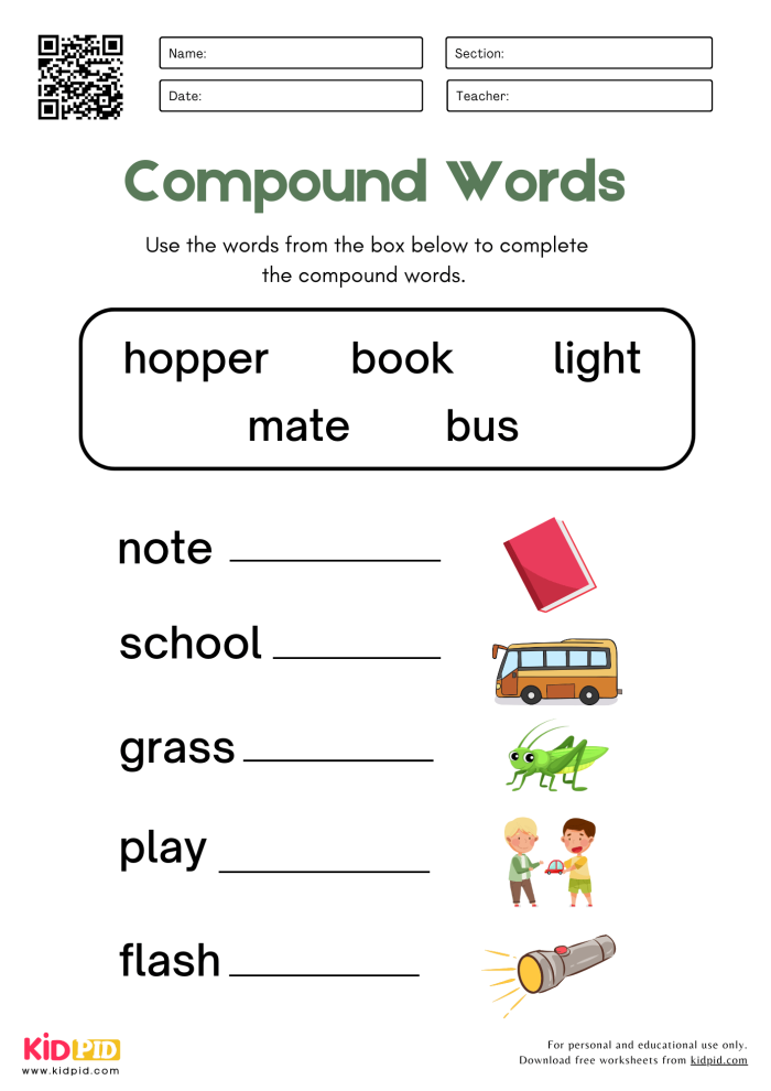 Worksheet featuring a fun activity where first graders combine images to form compound words. Word Addition: Compound Words 1 Worksheet for Place Value, Image 5.