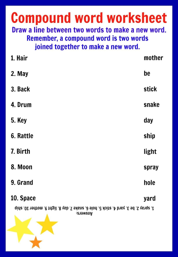Worksheet featuring a word addition activity on compound words for second graders