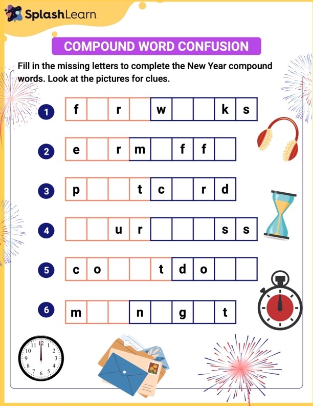 Worksheet featuring a compound word activity with picture clues for second graders