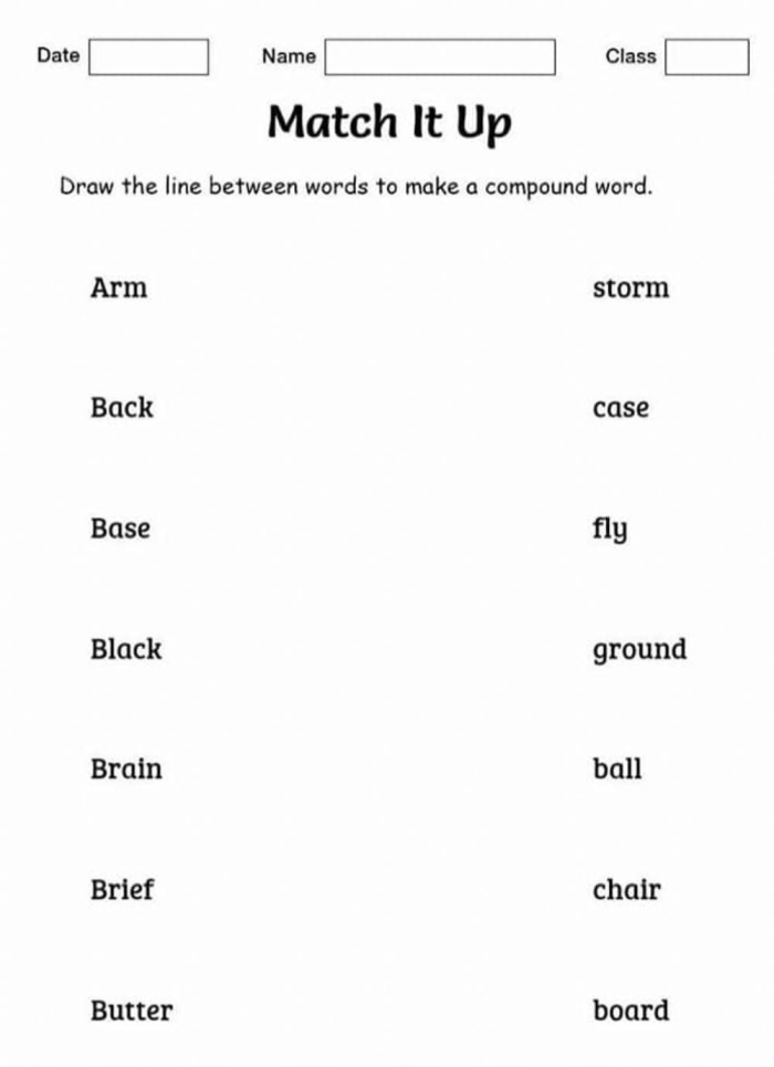 Second grade student completing a compound word addition worksheet with sun and flower picture clues