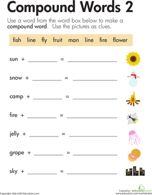 Children's worksheet featuring word addition for compound words with picture clues
