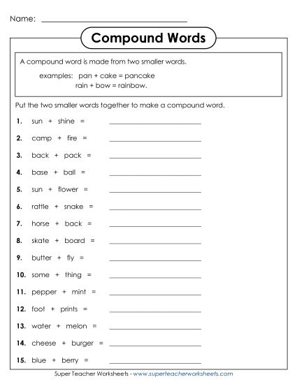 Worksheet showing first graders combining words to form compound words using picture clues