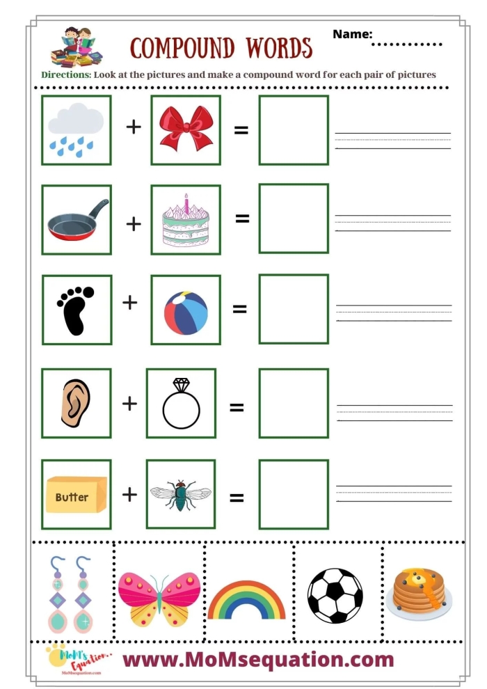 Second grade worksheet showing a sun and flower combining to form the compound word sunflower