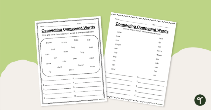 Second grade worksheet showing how to combine two individual words to form a new compound word like sunflower