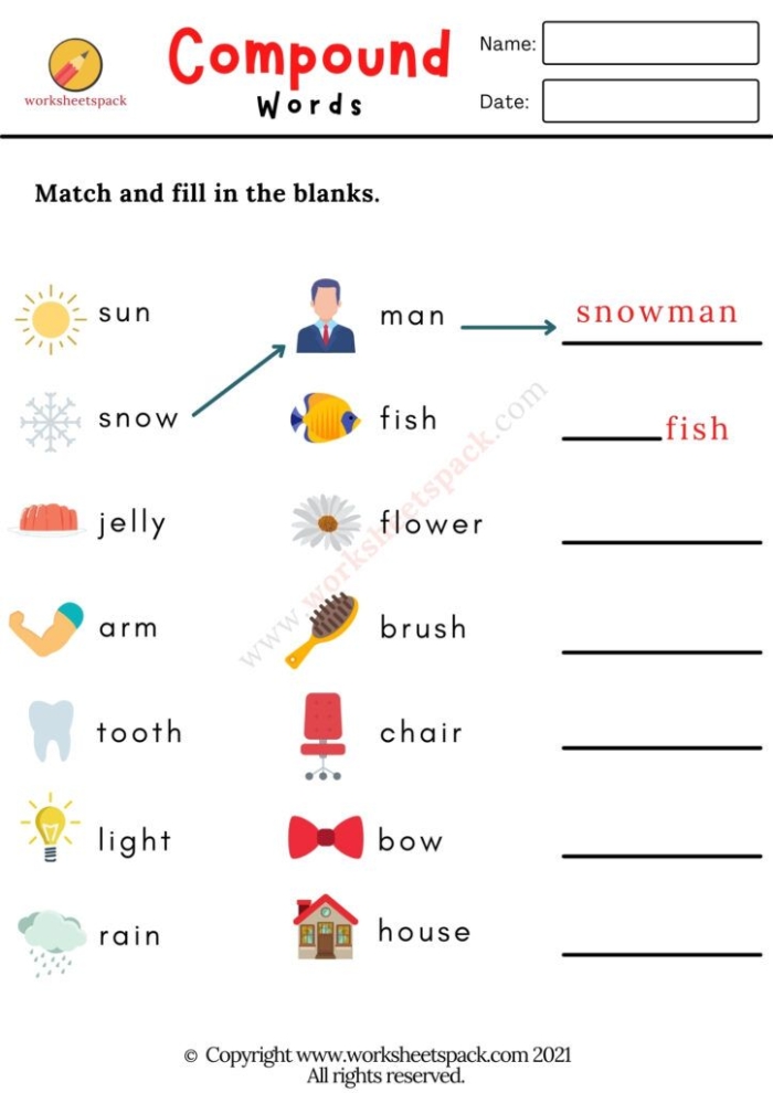 Worksheet for second graders focused on creating compound words by analyzing their components