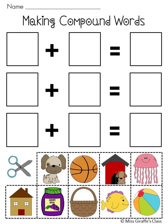 Worksheet for second graders focusing on the creation of compound words by splitting them into their components. Educational illustration for understanding compound words in economics lessons.