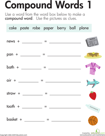 First grade worksheet showing examples of combining two smaller words into one compound word