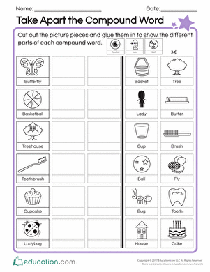 Worksheet featuring a picture clue to help first graders create compound words through word addition. Word Addition: Compound Words 1 worksheet for first grade students.