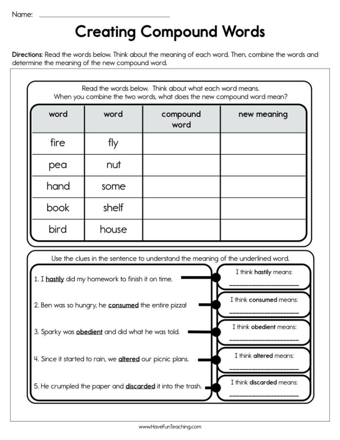 Second grade worksheet featuring compound word exercises for breaking down vocabulary