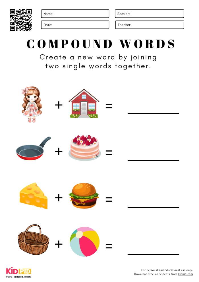 Worksheet illustrating word addition through compound words for first graders