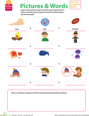 Worksheet showcasing compound word creation with visual clues for first graders