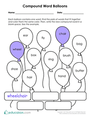 Worksheet featuring word addition for compound words with visual clues for first graders